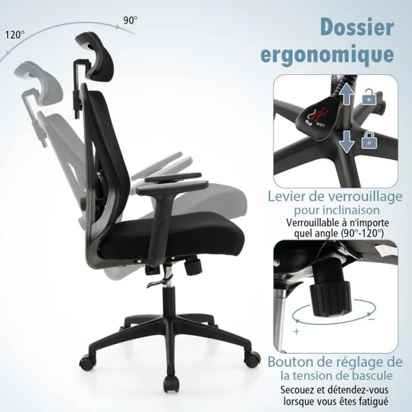 Chaise de Bureau Ergonomique en Maille Chaise de Travail Pivotante Réglable Dossier à Bascule de 90° à 120° Support Lombaire Réglable Noir
