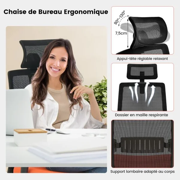 Chaise de Bureau Ergonomique Réglable en Hauteur Noir Orange