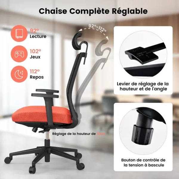 Chaise de Bureau Ergonomique Réglable en Hauteur Noir Orange