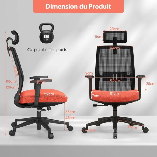 Chaise de Bureau Ergonomique Réglable en Hauteur Noir Orange