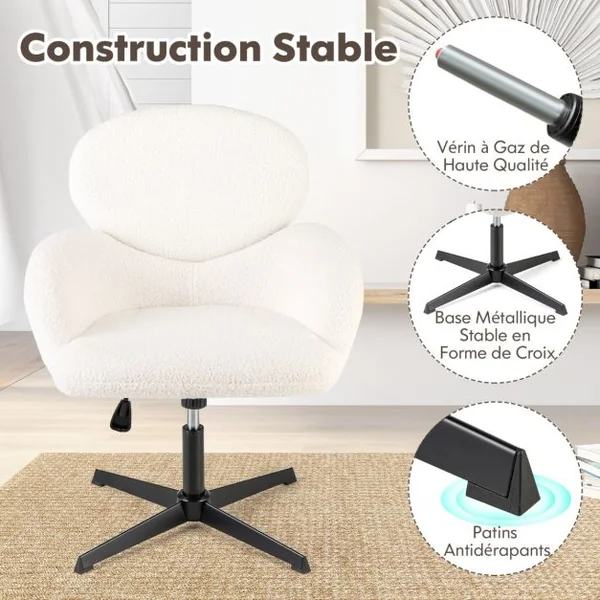 Chaise de Bureau Fixe Chaise Pivotante Hauteur Réglable et Fonction à Bascule Base en Métal Robuste Siège Large Ergonomique Blanc