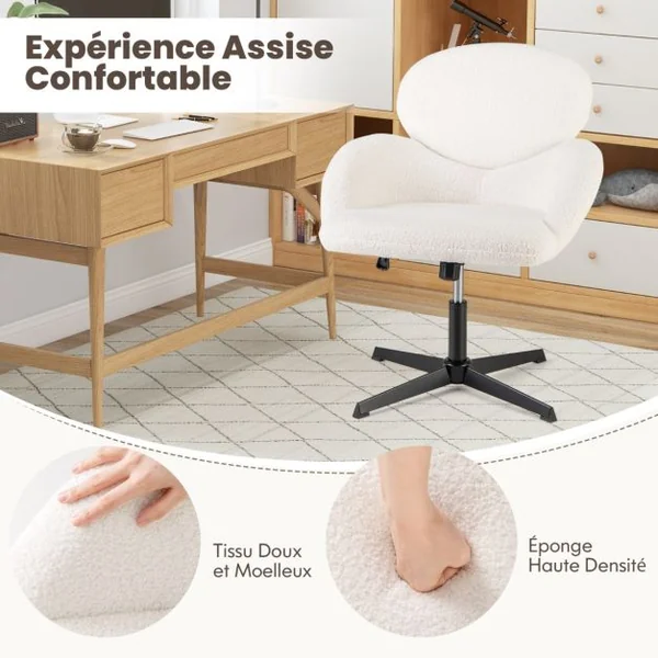 Chaise de Bureau Fixe Chaise Pivotante Hauteur Réglable et Fonction à Bascule Base en Métal Robuste Siège Large Ergonomique Blanc