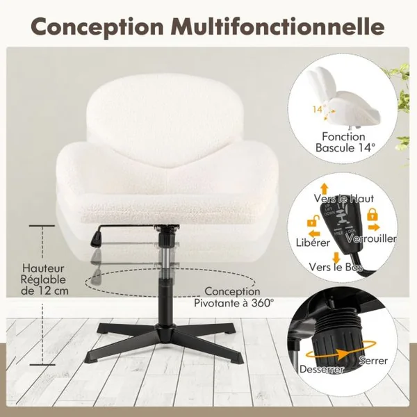 Chaise de Bureau Fixe Chaise Pivotante Hauteur Réglable et Fonction à Bascule Base en Métal Robuste Siège Large Ergonomique Blanc