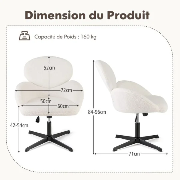 Chaise de Bureau Fixe Chaise Pivotante Hauteur Réglable et Fonction à Bascule Base en Métal Robuste Siège Large Ergonomique Blanc