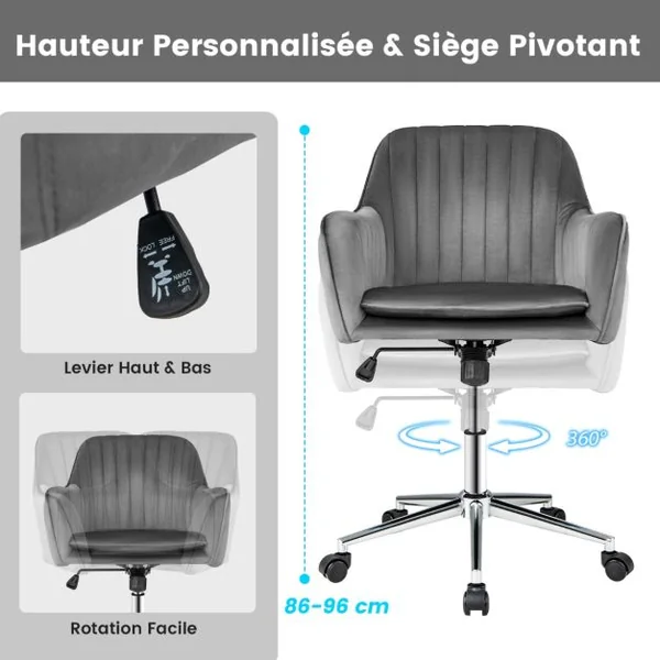Chaise de Bureau Moderne en Velours Hollandais Pivotante Réglable en Hauteur 5 Roulettes Dossier et Accoudoirs Ergonomiques Gris