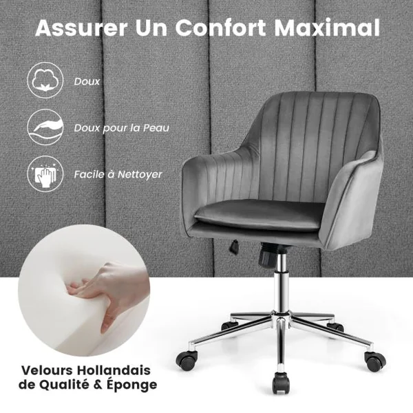 Chaise de Bureau Moderne en Velours Hollandais Pivotante Réglable en Hauteur 5 Roulettes Dossier et Accoudoirs Ergonomiques Gris