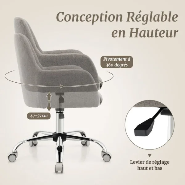Chaise de Bureau Pivotable à 360° avec Roulettes et Dossier Capitonné en Tissu Interlock Girs