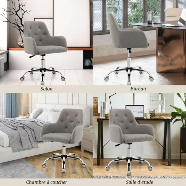 Chaise de Bureau Pivotable à 360° avec Roulettes et Dossier Capitonné en Tissu Interlock Girs