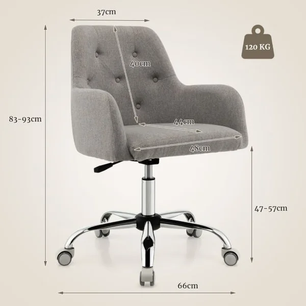 Chaise de Bureau Pivotable à 360° avec Roulettes et Dossier Capitonné en Tissu Interlock Girs