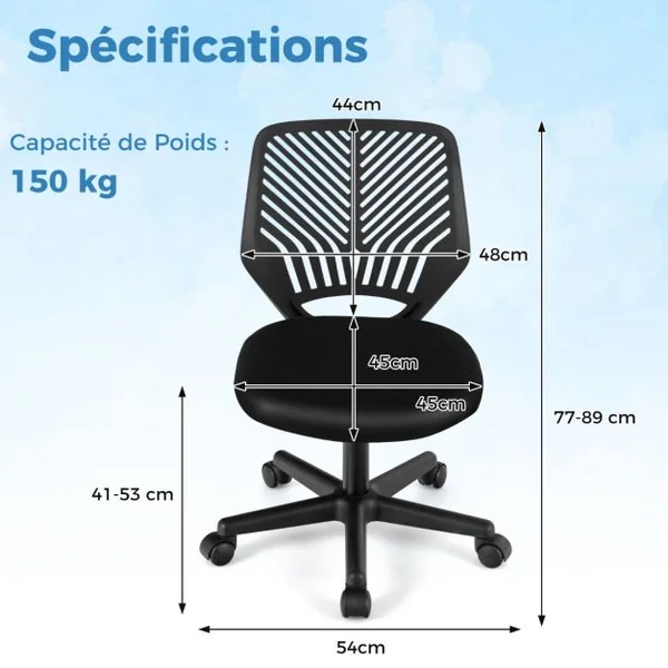 Chaise de Bureau Pivotante Enfants avec Hauteur Réglable 77-89cm Siège à Roulettes avec Dossier Ergonomique & Base à 5 Étoiles Charge 150kg Bleu/Gris/Noir/Rose