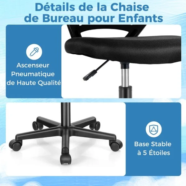 Chaise de Bureau Pivotante Enfants avec Hauteur Réglable 77-89cm Siège à Roulettes avec Dossier Ergonomique & Base à 5 Étoiles Charge 150kg Bleu/Gris/Noir/Rose