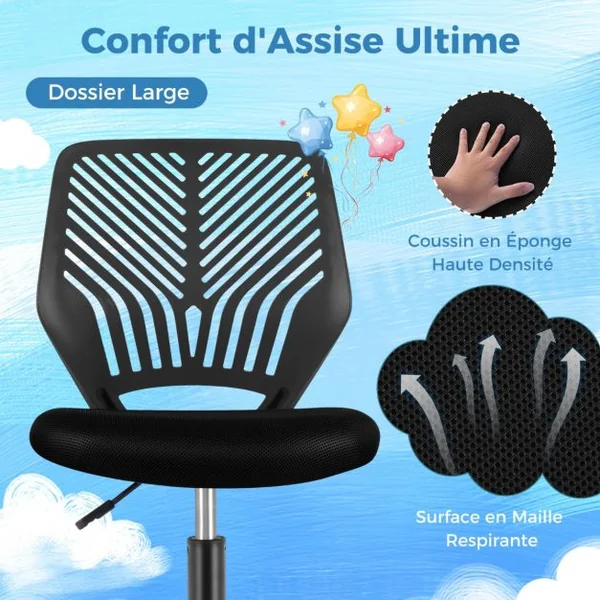 Chaise de Bureau Pivotante Enfants avec Hauteur Réglable 77-89cm Siège à Roulettes avec Dossier Ergonomique & Base à 5 Étoiles Charge 150kg Bleu/Gris/Noir/Rose