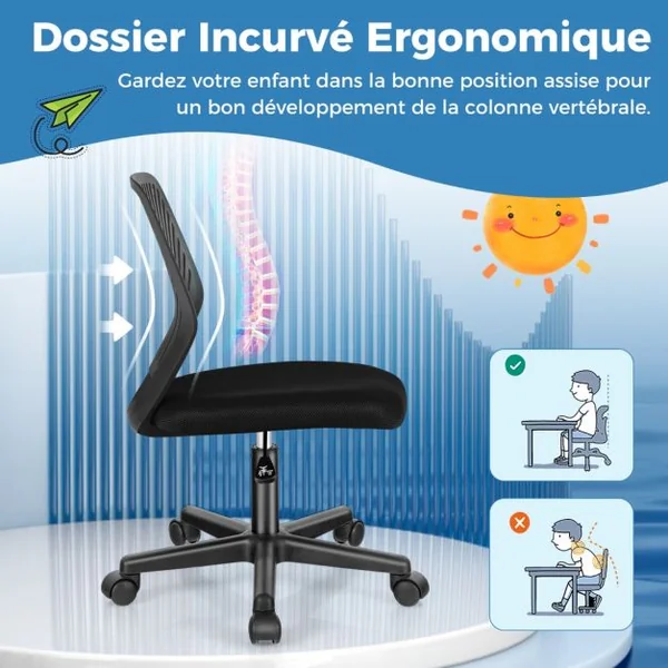 Chaise de Bureau Pivotante Enfants avec Hauteur Réglable 77-89cm Siège à Roulettes avec Dossier Ergonomique & Base à 5 Étoiles Charge 150kg Bleu/Gris/Noir/Rose