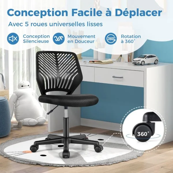 Chaise de Bureau Pivotante Enfants avec Hauteur Réglable 77-89cm Siège à Roulettes avec Dossier Ergonomique & Base à 5 Étoiles Charge 150kg Bleu/Gris/Noir/Rose