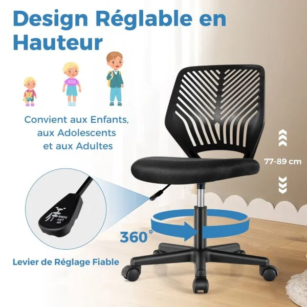 Chaise de Bureau Pivotante Enfants avec Hauteur Réglable 77-89cm Siège à Roulettes avec Dossier Ergonomique & Base à 5 Étoiles Charge 150kg Bleu/Gris/Noir/Rose