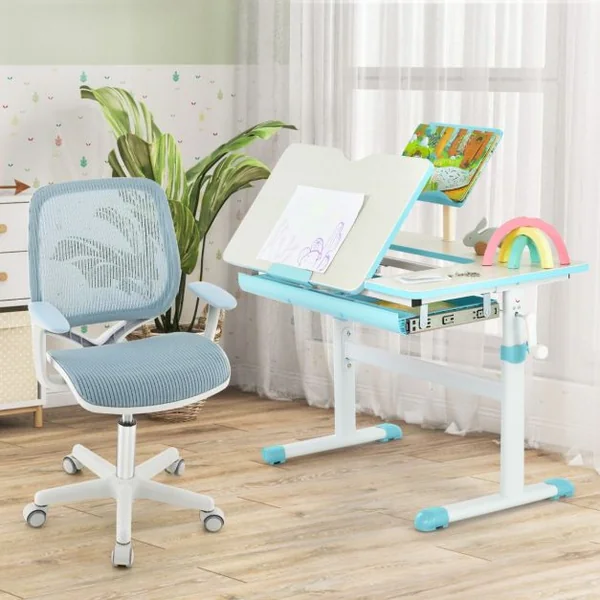 Chaise de Bureau Pivotante Enfants avec Hauteur Réglable 80-92cm Siège à Roulettes Enfants avec Dossier & Accoudoirs Ergonomique pour 6-15 Ans Bleu/Rose/Violet/Gris