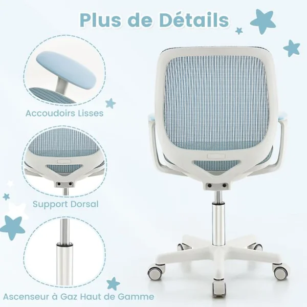 Chaise de Bureau Pivotante Enfants avec Hauteur Réglable 80-92cm Siège à Roulettes Enfants avec Dossier & Accoudoirs Ergonomique pour 6-15 Ans Bleu/Rose/Violet/Gris