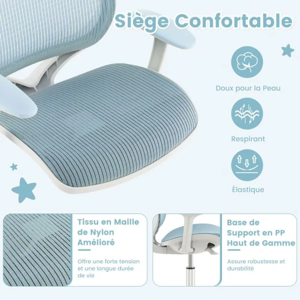 Chaise de Bureau Pivotante Enfants avec Hauteur Réglable 80-92cm Siège à Roulettes Enfants avec Dossier & Accoudoirs Ergonomique pour 6-15 Ans Bleu/Rose/Violet/Gris