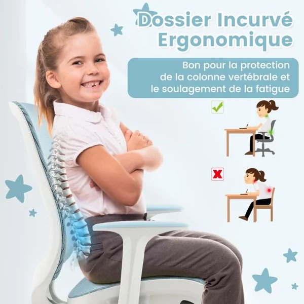 Chaise de Bureau Pivotante Enfants avec Hauteur Réglable 80-92cm Siège à Roulettes Enfants avec Dossier & Accoudoirs Ergonomique pour 6-15 Ans Bleu/Rose/Violet/Gris