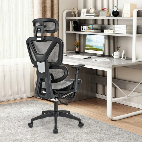 Chaise de Bureau Pivotante Fauteuil avec Dossier Inclinable en Maille Soutien Lombaire Appuie-Tête Accoudoirs Repose-Pieds Rétractable Gris