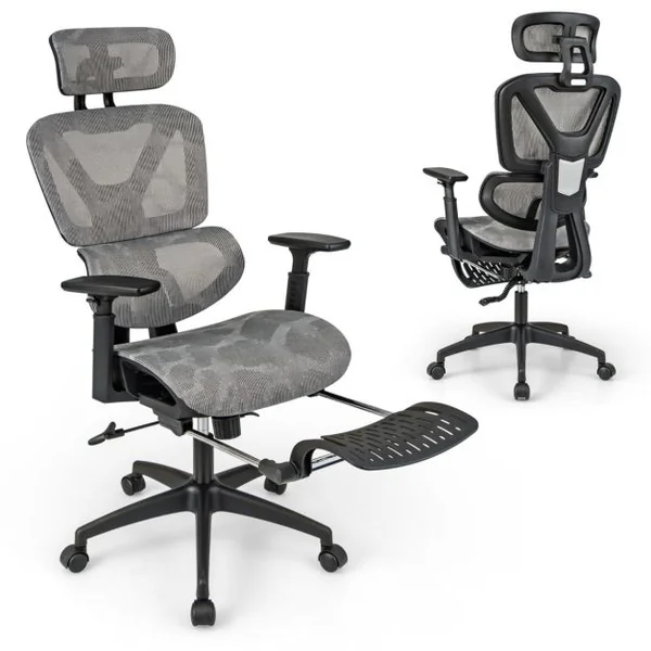 Chaise de Bureau Pivotante Fauteuil avec Dossier Inclinable en Maille Soutien Lombaire Appuie-Tête Accoudoirs Repose-Pieds Rétractable Gris