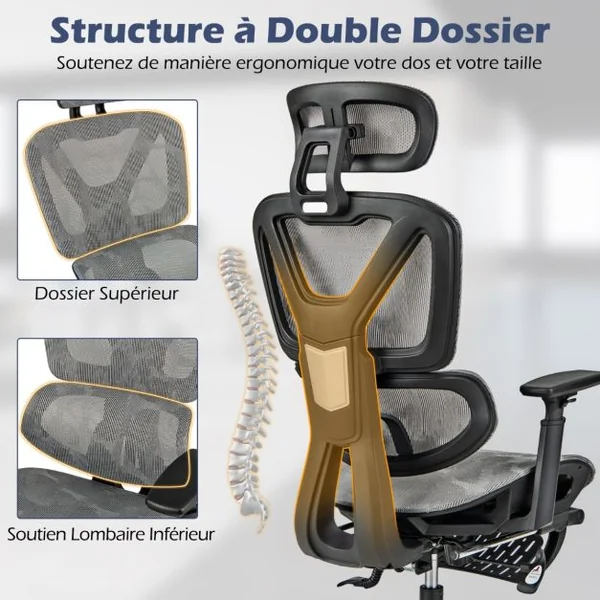 Chaise de Bureau Pivotante Fauteuil avec Dossier Inclinable en Maille Soutien Lombaire Appuie-Tête Accoudoirs Repose-Pieds Rétractable Gris