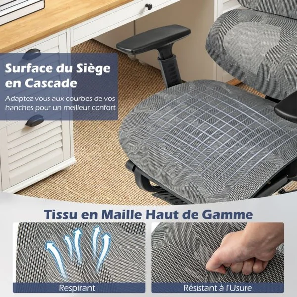 Chaise de Bureau Pivotante Fauteuil avec Dossier Inclinable en Maille Soutien Lombaire Appuie-Tête Accoudoirs Repose-Pieds Rétractable Gris