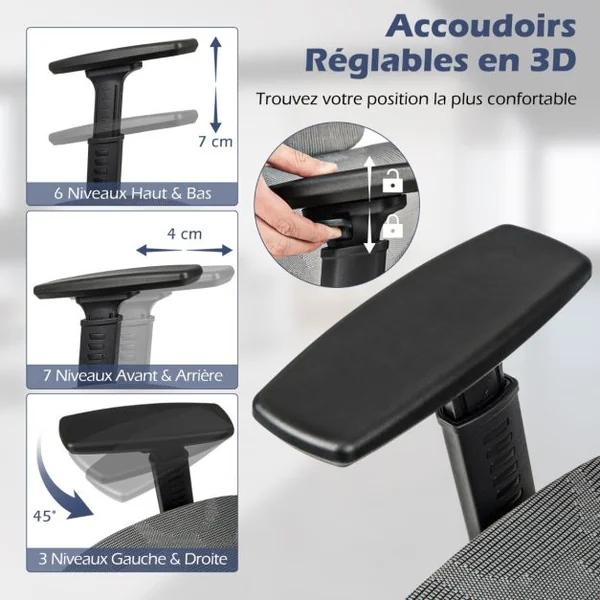 Chaise de Bureau Pivotante Fauteuil avec Dossier Inclinable en Maille Soutien Lombaire Appuie-Tête Accoudoirs Repose-Pieds Rétractable Gris