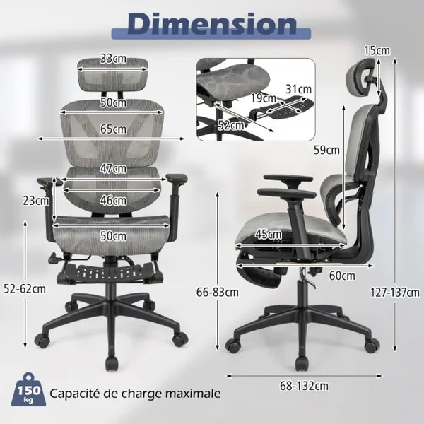 Chaise de Bureau Pivotante Fauteuil avec Dossier Inclinable en Maille Soutien Lombaire Appuie-Tête Accoudoirs Repose-Pieds Rétractable Gris