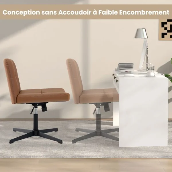 Chaise de Bureau Rembourrée en Cuir PU avec Siège Surdimensionné en Forme de ‘U’ Chaise Pivotante Réglable en Hauteur Sans Roulettes Beige/Marron
