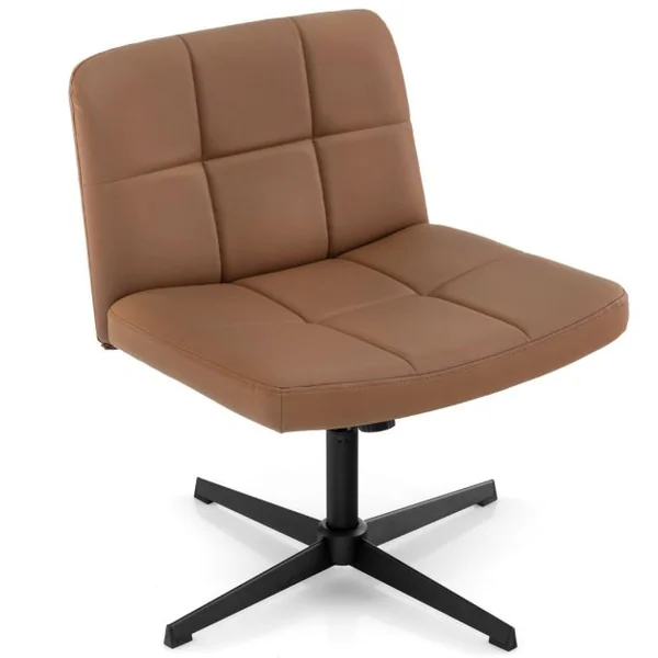 Chaise de Bureau Rembourrée en Cuir PU avec Siège Surdimensionné en Forme de ‘U’ Chaise Pivotante Réglable en Hauteur Sans Roulettes Beige/Marron