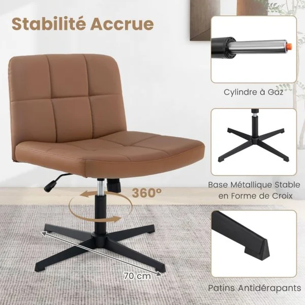 Chaise de Bureau Rembourrée en Cuir PU avec Siège Surdimensionné en Forme de ‘U’ Chaise Pivotante Réglable en Hauteur Sans Roulettes Beige/Marron