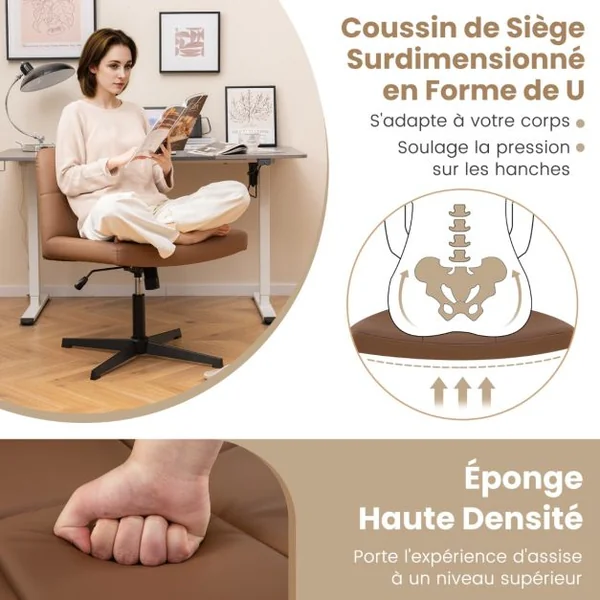 Chaise de Bureau Rembourrée en Cuir PU avec Siège Surdimensionné en Forme de ‘U’ Chaise Pivotante Réglable en Hauteur Sans Roulettes Beige/Marron