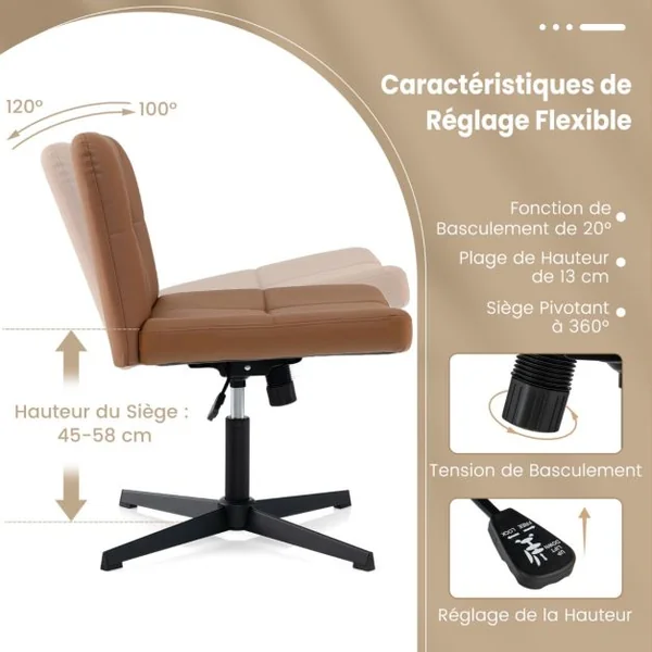 Chaise de Bureau Rembourrée en Cuir PU avec Siège Surdimensionné en Forme de ‘U’ Chaise Pivotante Réglable en Hauteur Sans Roulettes Beige/Marron