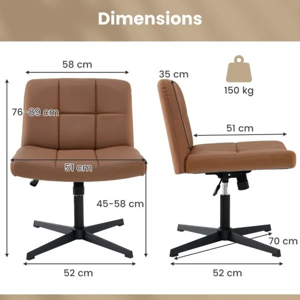 Chaise de Bureau Rembourrée en Cuir PU avec Siège Surdimensionné en Forme de ‘U’ Chaise Pivotante Réglable en Hauteur Sans Roulettes Beige/Marron