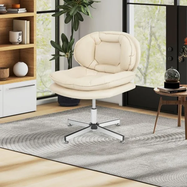 Chaise de Bureau Rembourrée Sans Roulettes Dossier et Siège Doublement Rembourrés Base en Métal Croisé Chaise Pivotante Beige