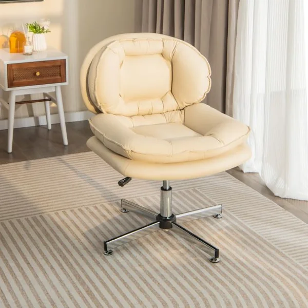 Chaise de Bureau Rembourrée Sans Roulettes Dossier et Siège Doublement Rembourrés Base en Métal Croisé Chaise Pivotante Beige