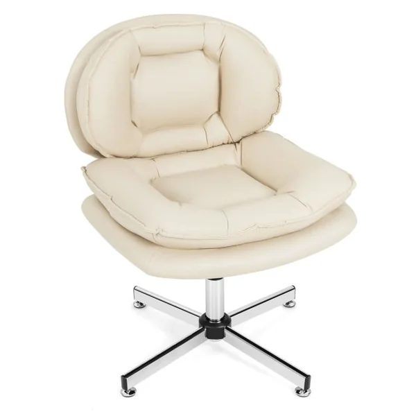 Chaise de Bureau Rembourrée Sans Roulettes Dossier et Siège Doublement Rembourrés Base en Métal Croisé Chaise Pivotante Beige