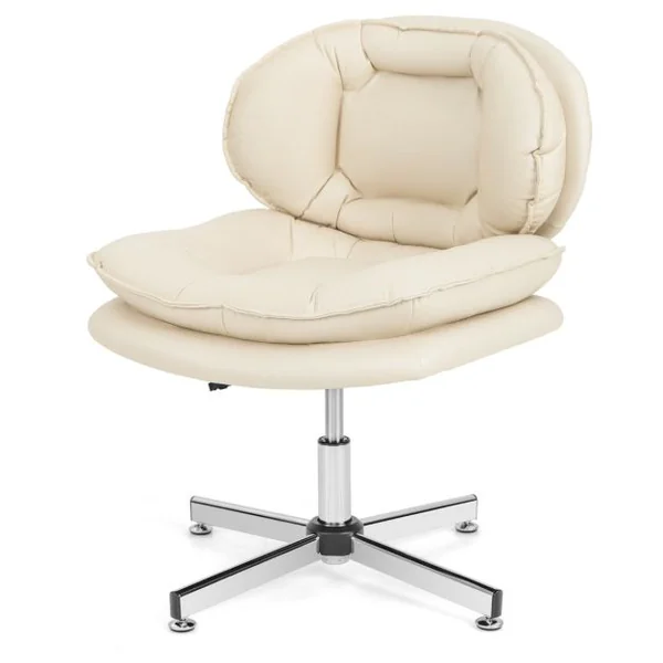 Chaise de Bureau Rembourrée Sans Roulettes Dossier et Siège Doublement Rembourrés Base en Métal Croisé Chaise Pivotante Beige