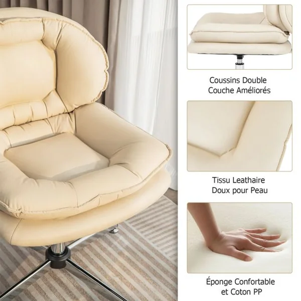 Chaise de Bureau Rembourrée Sans Roulettes Dossier et Siège Doublement Rembourrés Base en Métal Croisé Chaise Pivotante Beige