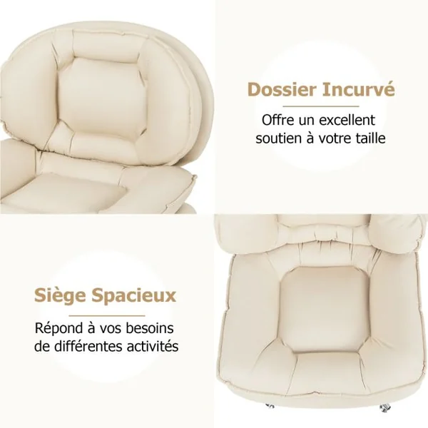 Chaise de Bureau Rembourrée Sans Roulettes Dossier et Siège Doublement Rembourrés Base en Métal Croisé Chaise Pivotante Beige