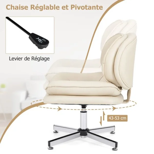Chaise de Bureau Rembourrée Sans Roulettes Dossier et Siège Doublement Rembourrés Base en Métal Croisé Chaise Pivotante Beige