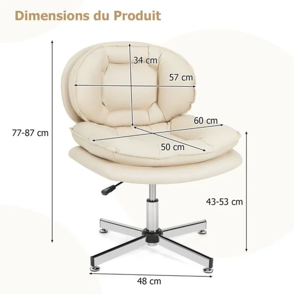 Chaise de Bureau Rembourrée Sans Roulettes Dossier et Siège Doublement Rembourrés Base en Métal Croisé Chaise Pivotante Beige