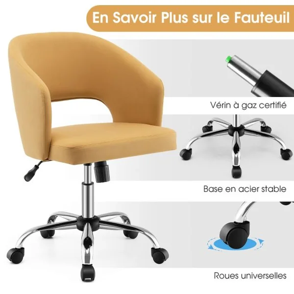 Chaise de Bureau Réglable en Hauteur Fauteuil de Bureau Base en Métal Pivotante à Dossier Moyen Jaune