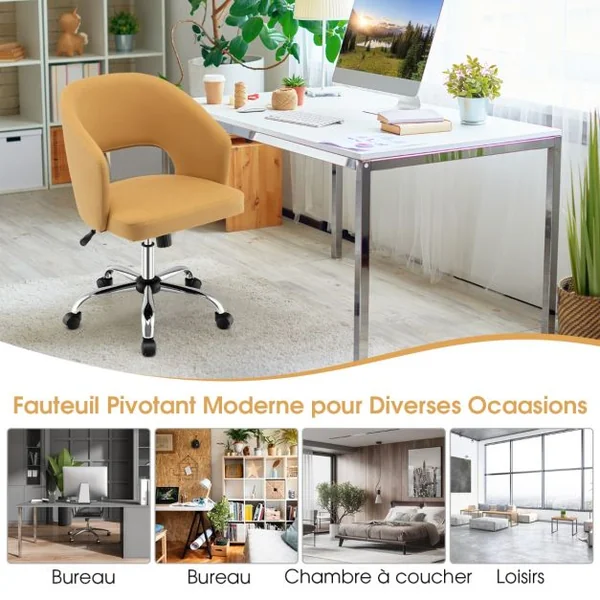 Chaise de Bureau Réglable en Hauteur Fauteuil de Bureau Base en Métal Pivotante à Dossier Moyen Jaune