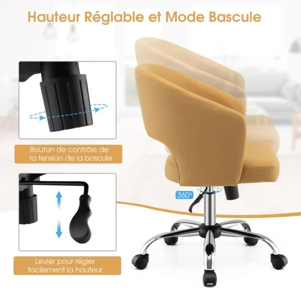 Chaise de Bureau Réglable en Hauteur Fauteuil de Bureau Base en Métal Pivotante à Dossier Moyen Jaune