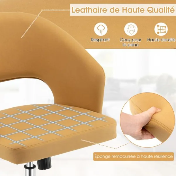 Chaise de Bureau Réglable en Hauteur Fauteuil de Bureau Base en Métal Pivotante à Dossier Moyen Jaune