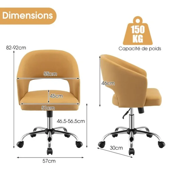 Chaise de Bureau Réglable en Hauteur Fauteuil de Bureau Base en Métal Pivotante à Dossier Moyen Jaune