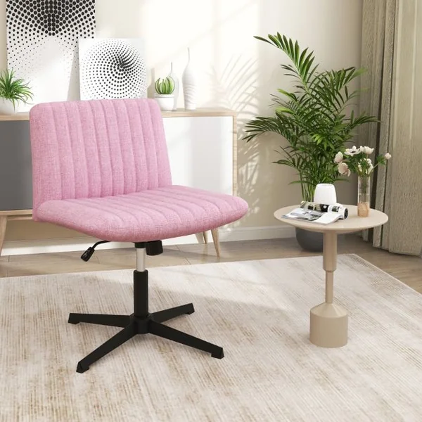 Chaise de Bureau sans Roulettes avec Siège Rembourré Large Bascule à 120° Hauteur Réglable Sans Accoudoirs Rose/Beige/Gris