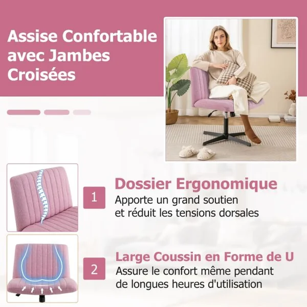 Chaise de Bureau sans Roulettes avec Siège Rembourré Large Bascule à 120° Hauteur Réglable Sans Accoudoirs Rose/Beige/Gris